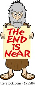 vector graphic cartoon depicting a bearded old man wearing a message board