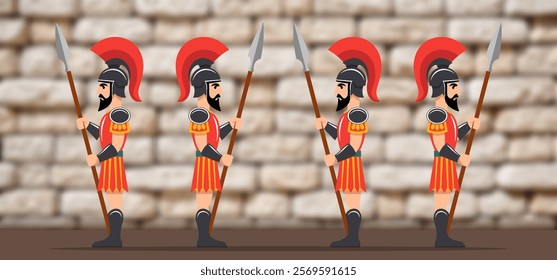 Vector graphic cartoon flat toy simple antique roman soldiers, warriors in armour with spear. Background blurred stone wall. Patrol or security.
