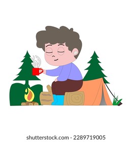 Vektorgrafik einer Cartoon-Illustration eines Campingjungen, der eine Tasse Kaffee trinkt. Dieser Vektor Camping Junge ist perfekt für Tapete, Banner, Template, Ausbildung, Aufkleber, Maskottchen und Hintergrund etc.