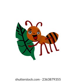 Vector graphic of a cartoon illustration of a cute ant holding a leaf. This vector is perfect for wallpapers, stickers, banners, templates, advertisements, mascots, covers and posters etc.