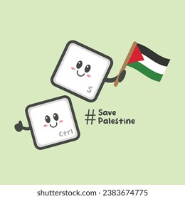 "Vector graphic cartoon illustration featuring Palestinian button and flag.Save Palestine."