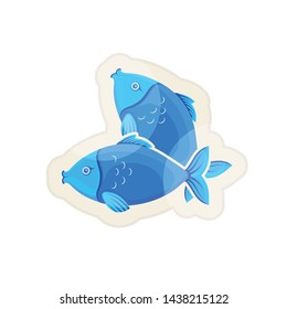 Vector graphic cartoon illustration. Two crossed blue fishes.  Glossy sticker. Sea fish isolated on white background. Concept illustration for logo of pet shop or pet staff, emblem for advertising.