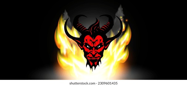 Vector graphic cartoon red and black horned scary disgusting devil or satan head against a background of bright flames.