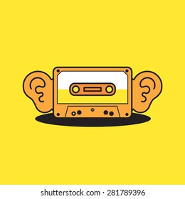 Vector graphic cassette tape icon with big ears listening to music