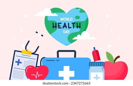 Vector graphic celebrating World Health Day including medical supplies Concept