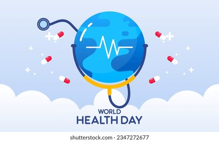 Vector graphic celebrating World Health Day including medical supplies Concept