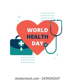 Vector graphic celebrating World Health Day, illustration with heart and stethoscope.