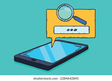 Imagen vectorial de un teléfono móvil con un icono de lupa y barra de búsqueda mostrada. Ilustración dibujada a mano.