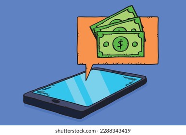 Vector graphic of a cell phone with a money icons. Hand drawn illustration.