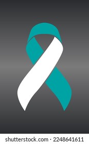 Vector graphic of cervical cancer ribbon on black gradient background. White and teal awareness ribbon for cervical cancer support symbol. vector eps10.
