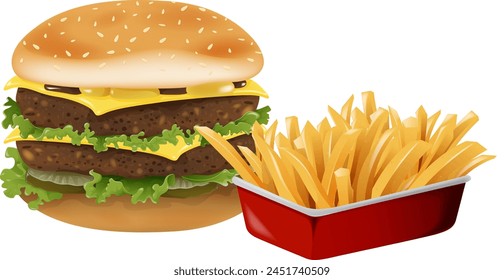 Vector graphic of a cheeseburger with French fries