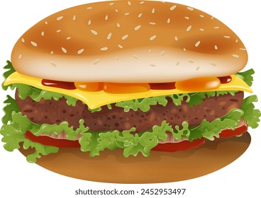 Vector graphic of a cheeseburger with fresh toppings