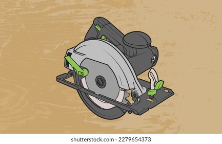 Vector graphic of a circular saw on a wood grain background