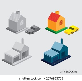 Vector Graphic city building car landscape in block design 