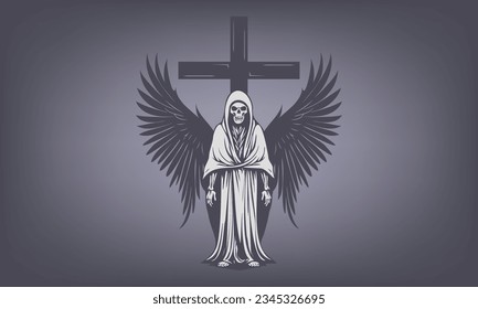 Vector graphic classic standing angel of death in a dark gray shroud and with wings. Catholic cross. Tattoo. Cemetery monument or statue. Hellish otherworldly creature.