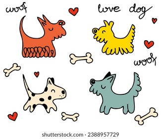 Vector graphic clipart with doodle dogs, inscriptions and bones. Hand drawn cartoon animals collection. Perfect for tee, poster, card, sticker.

