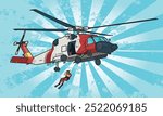 Vector graphic of a Coast Guard helicopter and rescue swimmer