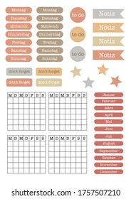 Vector graphic collection for bullet journal with german text. Makes great colorful digital stickers to use for notes or print out.