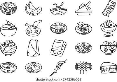 Vector graphic collection displays various traditional Malaysian and Indonesian food dishes and desserts as simple outline icons perfect for menu design or culinary presentations.