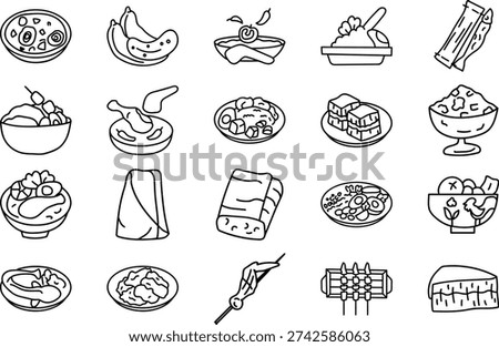 Vector graphic collection displays various traditional Malaysian and Indonesian food dishes and desserts as simple outline icons perfect for menu design or culinary presentations.