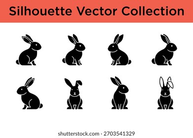 Vector graphic collection featuring various cute rabbit and bunny animal silhouettes in different poses, perfect for design projects.