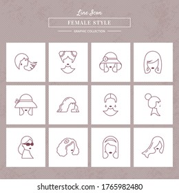 Vector graphic collection of female style line icons set. Women avatars.