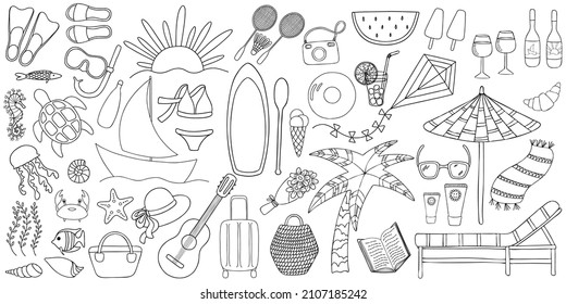 Vector graphic collection on the summer and sea themes. 45 elements: Flippers, diving mask, flip flops, fishes, turtle, jellyfish, shells, seaweed, crab, bag, hat, starfish, boat, guitar, bottle, sun