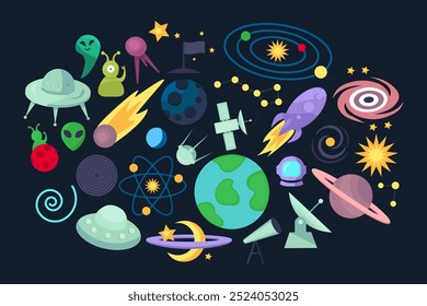 Vector colección gráfica de vibrantes ilustraciones de planetas, lunas, estrellas, cuerpos celestes, orbitando satélites en un estilo de dibujos animados. Maravillas del universo, el cosmos, la astronomía y la ciencia