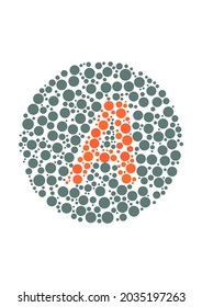 Vector graphic of Color blind test design. The Letter A cunningly hid inside an Ishihara inspired design. A color blindness test shaped color test plate with the Letter A.

