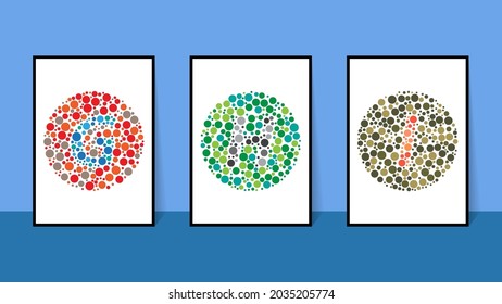 vector graphic of color blind Test. Ishihara Test daltonism color blindness disease perception test letter G, H, I blindness test set. eyesight diagnostic concept. vector eps10. 
