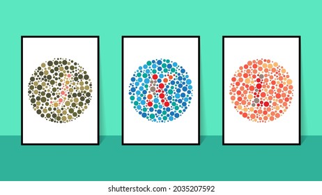 vector graphic of color blind Test. Ishihara Test daltonism color blindness disease perception test letter J, K, L, blindness test set. eyesight diagnostic concept design. vector eps10.
