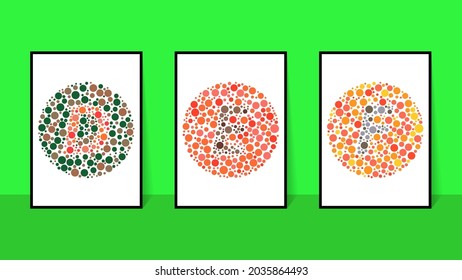 gráfico vectorial de prueba de color ciego. Ishihara Test daltonismo color ceguera de la letra de ensayo D, E, F de la prueba de ceguera. vector eps10. Bien por el diseño de tu proyecto.
