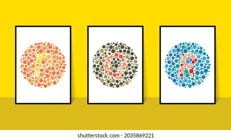 Vektorgrafik von Farb-Blindtest. Ishihara Test Daltonismus Farbe Blindheit Krankheit Wahrnehmung Test Brief P, Q, R, Blindentest-Test Set. Vektor eps10.
