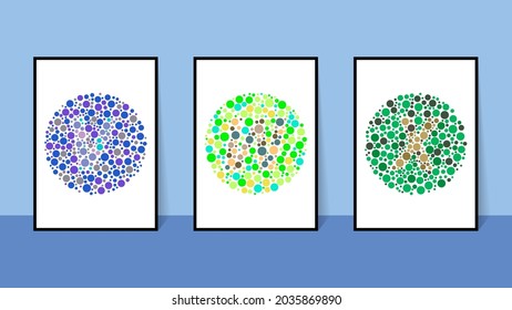 gráfico vectorial de prueba de color ciego. Ishihara Test daltonismo color ceguera de la letra de prueba de la percepción de la enfermedad v, w y x. vector eps10.
