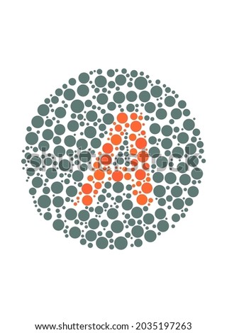 Vector graphic of Color blind test design. The Letter A cunningly hid inside an Ishihara inspired design. A color blindness test shaped color test plate with the Letter A.
