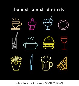 Vector graphic color set of food and drink on a black background