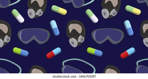 Vector graphic of colored capsule pills, Safety Goggle and protection masks seamless pattern on dark background. virus protection. Healthcare medical and vector illustration. vector eps10.
