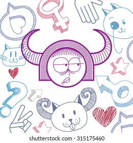 Vector graphic colorful drawing of personality face, female with stylish haircut. Social network theme illustration. Human emotions idea.