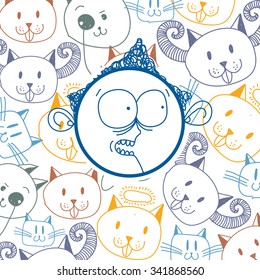 Vector graphic colorful drawing of personality face, male. Social network theme illustration with cats. Human emotions idea.