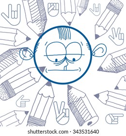 Dibujo gráfico vectorial colorido de la personalidad cara triste, hombre deprimido. Ilustración del tema educativo con signos de victoria y lápices. Idea de emociones humanas.