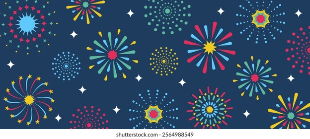 Vector graphic with colorful fireworks on a blue background.