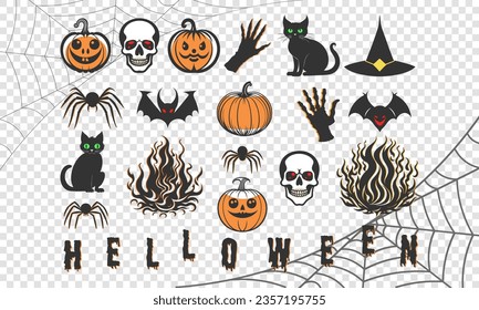 Vector graphic colorful holiday set for Halloween. Creepy pumpkins, skulls, hands, black cats, hat, fire, spiders, cobwebs and bats. Isolated background. Scary icons or stickers.