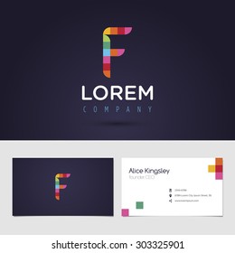 Vector graphic colorful pixel alphabet symbol / identity / business card in vibrant colors / Letter F