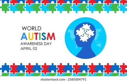 Vector graphic of colorful puzzle World autism awareness day social media post banner design template. Vector graphic of colorful puzzle with child and Realistic ribbon. Vector illustration.