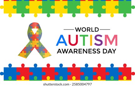 Vector graphic of colorful puzzle World autism awareness day social media post banner design template. Vector graphic of colorful puzzle with child and Realistic ribbon. Vector illustration.