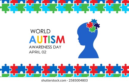 Vector graphic of colorful puzzle World autism awareness day social media post banner design template. Vector graphic of colorful puzzle with child and Realistic ribbon. Vector illustration.