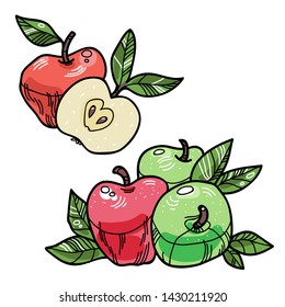 Vector graphic colorful set of apples with leaves for food package and menu