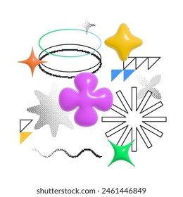 Vector graphic composition with bold 3d objects,pixel shapes,linear elements.8bit abstract 90s style illustration. Trendy design elements for prints,flyers,banners,brochures,branding.