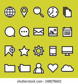 A vector graphic of computer icons (cloud, e mail, time, map, picture, photo, love, like, people, folder, star, book, mark, communication, talk, magnifier, globe, document, calendar, pc, mobile)  