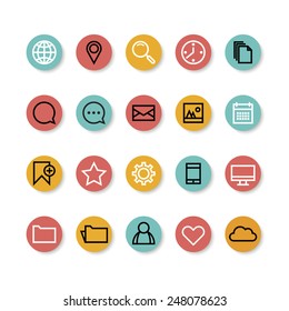 A vector graphic of computer icons (cloud, e mail, time, map, picture, photo, love, like, people, folder, star, book, mark, communication, talk, magnifier, globe, document, calendar, pc, mobile)  